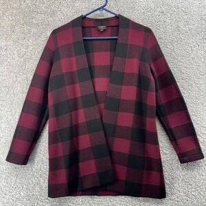 Talbots Cardigan Sweater Womens Small Petite Black Plaid Open Front Merino Wool